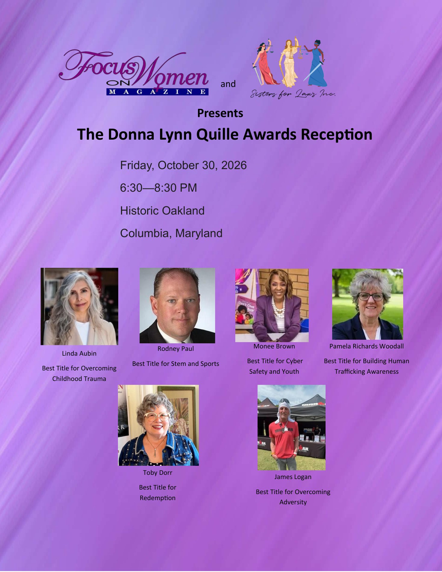 Flyer for the Donna Lynn Quille Awards Reception, Friday October 30 2026 at Historic Oakland